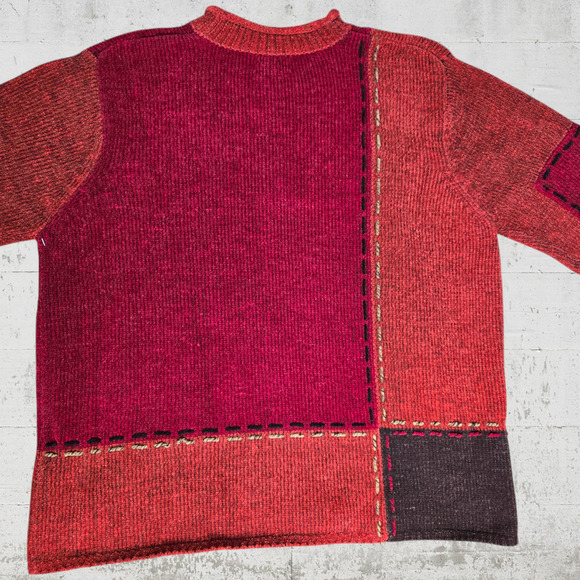 90s Vintage Red Patchwork Chenille Soft Deadstock Crewneck Sweater Size XL - Picture 7 of 9